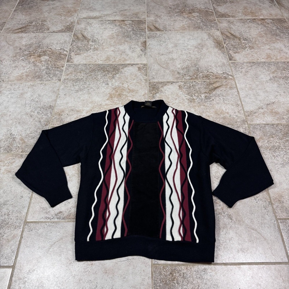 Vintage 80s Alan Stuart Sweater Men's Medium Pullover Leather Patch 3D Knit